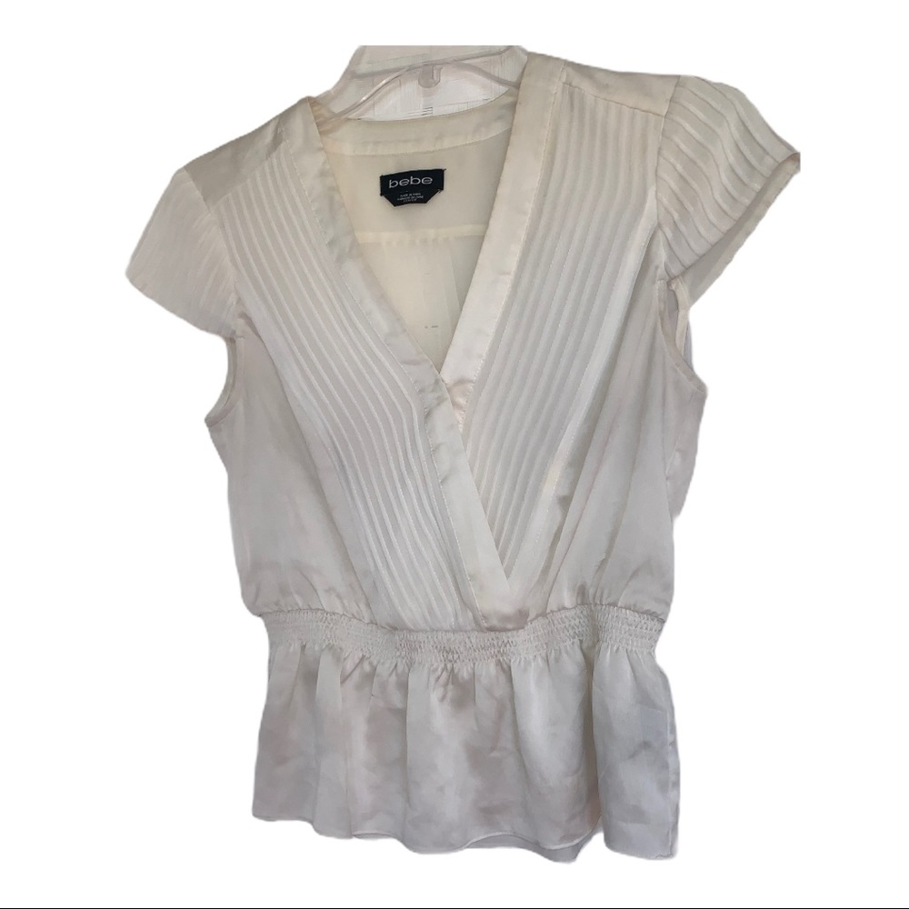 Silky Satin and Mesh Cream Bebe Peplum Blouse